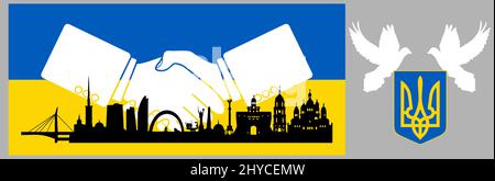 Handshake with Kiev skyline and Ukraine flag in the background. Stock Vector