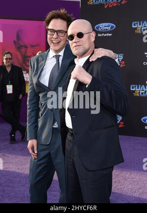James Gunn and Michael Rooker attending the world premiere of Guardians of the Galaxy Vol. 2 in Los Angeles Stock Photo