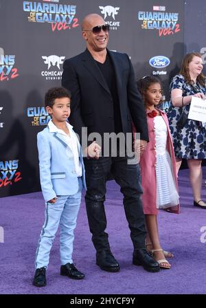 Vin Diesel, Hania Sinclair and Vincent Sinclair attending the world premiere of Guardians of the Galaxy Vol. 2 in Los Angeles Stock Photo
