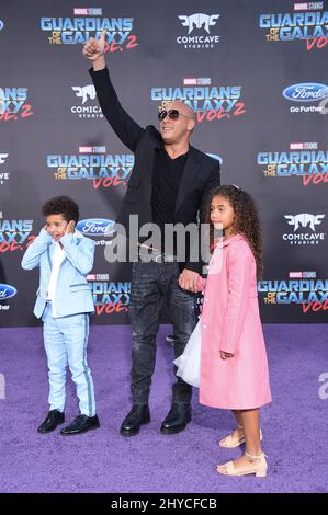 Vin Diesel, Hania Sinclair and Vincent Sinclair attending the world premiere of Guardians of the Galaxy Vol. 2 in Los Angeles Stock Photo