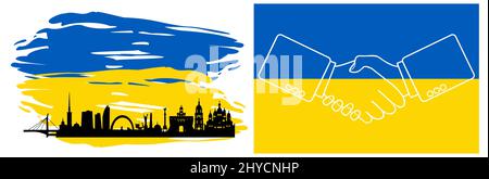 A handshake and a panorama of Kiev with the Ukrainian flag in the background. Stock Vector