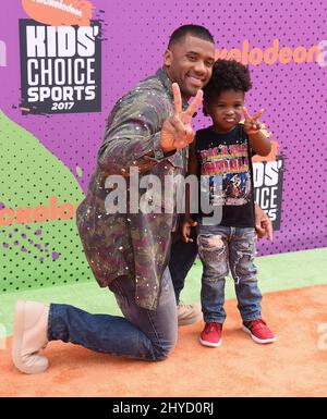 Russell Wilson and Future Zahir Wilburn attending the Nickelodeon Kids' Choice Sports Awards 2017, held at the Pauley Pavilion in Los Angeles, California Stock Photo