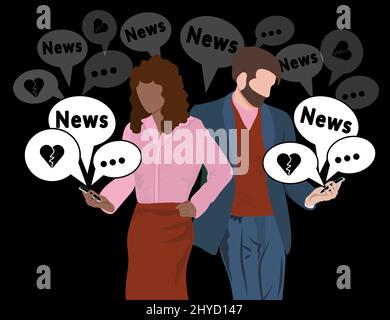 Breakup concept online. Girl and man reading bad news from a smartphone. Heartbreak. Unspoken words. Notification of the news. Cartoon characters in a Stock Vector