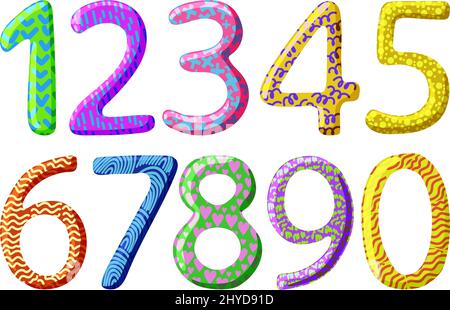 Colorful cartoon numbers for children, greeting card template. Arabic numerals with different patterns. Vector illustration Stock Vector
