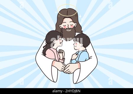 Jesus Christ hug cuddle small kids give love and care. Attentive father lord embrace little children share good emotions and help. Faith and religion concept. Flat vector illustration.  Stock Vector