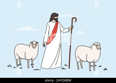Jesus Christ and lambs walk in field. Biblical story of Jesus as shepherd. Concept of religion and faith. Religious scene, superstition and belief. Flat vector illustration, cartoon character.  Stock Vector