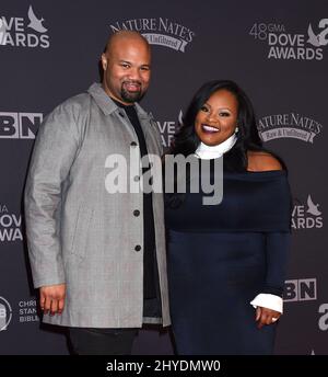 Kenneth Leonard and Tasha Cobbs Leonard attending at the 48th Annual GMA Dove Awards held at the Lipscomb University's Allen Arena in Los Angeles, USA Stock Photo