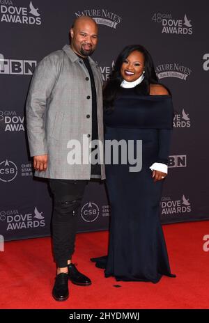 Kenneth Leonard and Tasha Cobbs Leonard attending at the 48th Annual GMA Dove Awards held at the Lipscomb University's Allen Arena in Los Angeles, USA Stock Photo