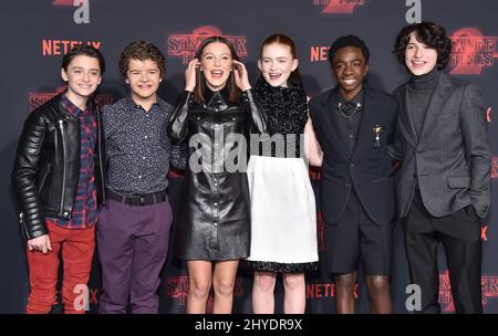Noah Schnapp, Gaten Matarazzo, Millie Bobby Brown, Sadie Sink, Caleb McLaughlin and Finn Wolfhard attending Netflix's Stranger Things 2 Premiere Event Stock Photo