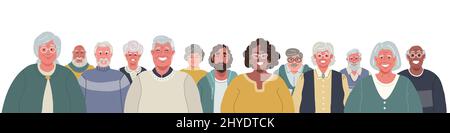 Group of diverse smiling elderly people.Vector flat illustration. Stock Vector