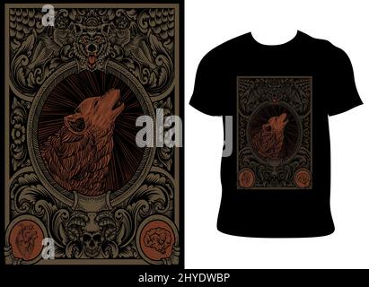 illustration vintage wolf with engraving style Stock Vector