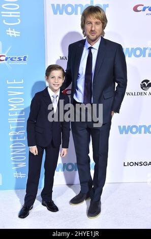 Owen Wilson and Jacob Tremblay attending the premiere of Wonder in Westwood, California Stock Photo