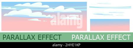 Evening or morning sky with clouds and airplane trails. Cute cartoon style. Solid layers for image folding with parallax effect. Vector. Stock Vector