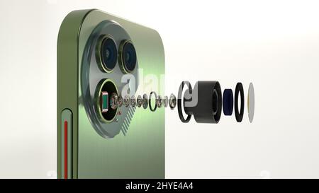 Close up view of digital camera lenses module of modern smartphone, smartphone sensor, optical layout, disassembled lens, 3D rendering Stock Photo