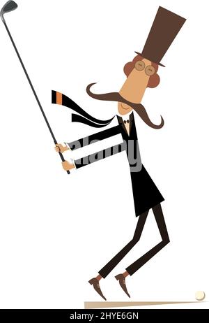 Funny long mustache man plays golf illustration.  Cartoon long mustache gentleman in the top hat holds a golf club and trying to do a good kick Stock Vector