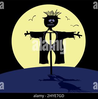 Night. Full moon. Funny scarecrow silhouette illustration.  Cartoon scarecrow, birds on the full moon background Stock Vector