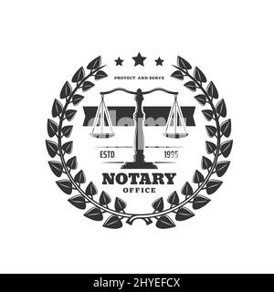 Notary office icon, notarial service vector emblem with scales, stars and laurel wreath. Law and justice, notarization, wills execution or regulation isolated monochrome label. Jurisprudence authority Stock Vector