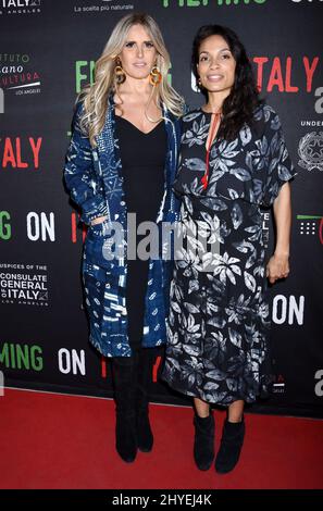 Tiziana Rocca and Rosario Dawson as Rosario Dawson is honoured with the Social Justice Filming In Italy Award at the Italian Cultural Institute on February 2, 2018 in Los Angeles Stock Photo