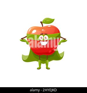 Cartoon red apple fruit superhero character. Vector funny super hero mascot in mask and green cloak smiling, stand with arms akimbo. Fairy tale cartoon smiling apple hero Stock Vector