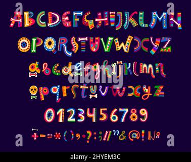 Mexican cartoon font of vector alphabet letters and numbers type. Mexico and Latin America typeface, calligraphy font with bright color floral ornaments, Day of the Dead sugar skulls and bones pattern Stock Vector