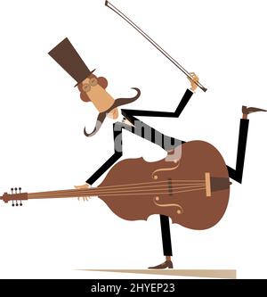 Cartoon long mustache cellist isolated illustration.  Smiling mustache man in the top hat with cello and fiddlestick isolated on white background Stock Vector