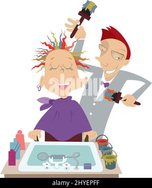 Hairdresser paints hair of the woman illustration.  Funny cartoon hairdresser makes to woman a colored stylish haircut isolated on white background Stock Vector