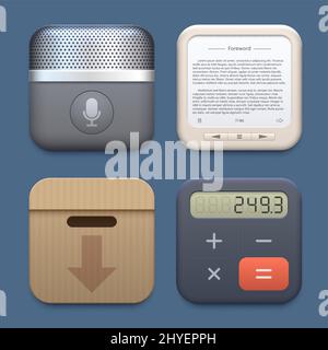 Microphone, archive, book reader and calculator icons. Vector 3d buttons for application interface design. Isolated ui graphic elements for mobile app, sound record gadget, device or website interface Stock Vector