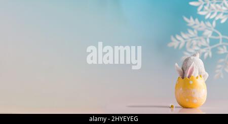 Banner a white rabbit hid in an Easter egg on a blue background. Festive Easter card. Copy space. Stock Photo