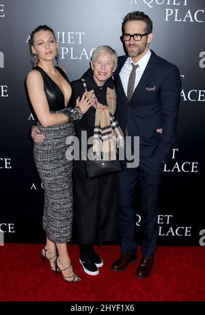 Blake Lively, Ryan Reynolds & mother Tammy Reynolds attending 'A Quiet Place' premiere held at the AMC Lincoln Square in New York, USA Stock Photo