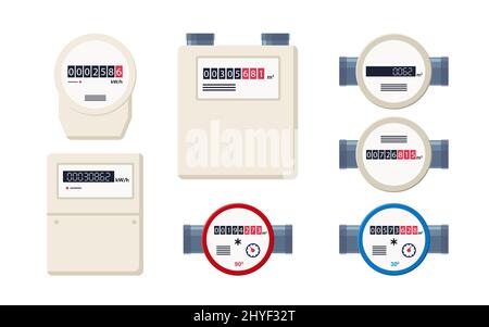 Gas, water and electric meters. Industrial and household meters set. Fuel, water and electricity consumption control. Gas counter. Collection of flat Stock Vector