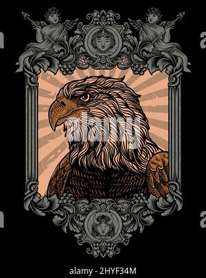 illustration vintage eagle with engraving style Stock Vector