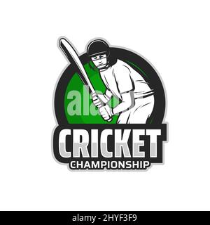 Cricket game icon with player in helmet holding bat. Sport team championship label, game competition vector badge or symbol. Cricket sport professional league club retro sticker with batter Stock Vector