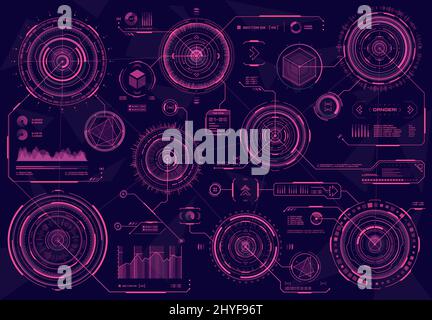 HUD futuristic red circular web interface panels, Sci Fi, business infographics visual data. HUD vector graph diagrams and tech web panel or UI screen with digital circle charts of virtual display Stock Vector
