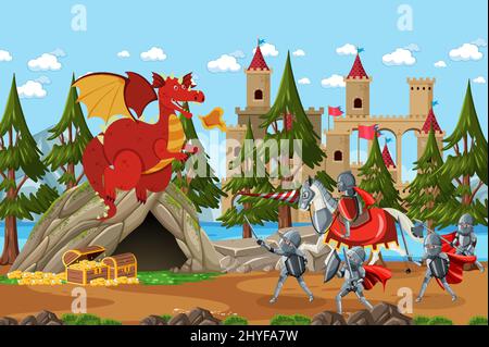 Medieval warriors fighting with ancient dragon illustration Stock ...