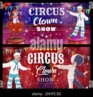 Shapito circus clown cartoon vector characters performing comedy show on stage of amusement park or funfair. Funny jester or comic entertainer with wigs, red noses and umbrella, lights and flags Stock Vector