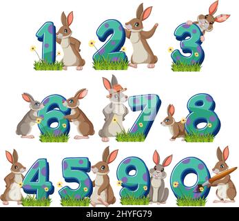 Set of different rabbit holding the numbers isolated on white background illustration Stock Vector