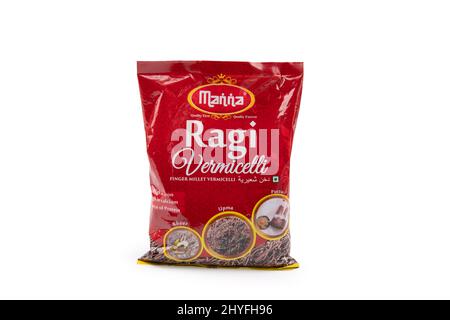 Manna Ragi Vermicelli pack on white background Stock Photo