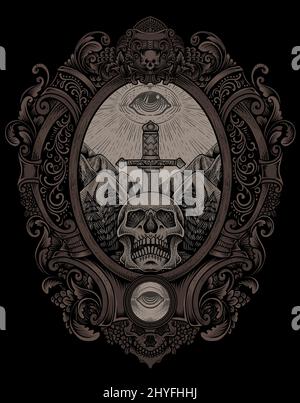 illustration antique skull sword with dark eyes engraving style Stock Vector