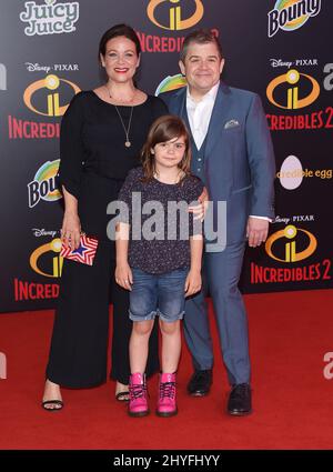 Meredith Salenger, Alice Oswalt and Patton Oswalt at the World Premiere of Disney-Pixar's 'Incredibles 2' at El Capitan Theatre on June 5, 2018 in Hollywood, CA. Stock Photo