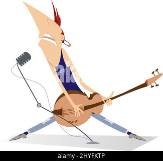 Cartoon singing guitar player isolated illustration.  Funny guitarist plays electric guitar and sings to microphone isolated on white background Stock Vector