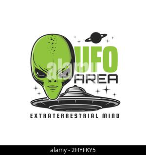 UFO zone, alien spaceship icon. Aliens activity area, extraterrestrial beings starship vector emblem or icon with humanoid creature green face, flying saucer or disc spaceship, saturn planet and stars Stock Vector