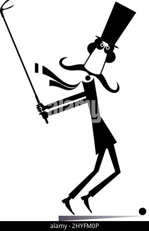 Cartoon man in the top hat plays golf illustration. Cartoon long mustache gentleman in the top hat holds a golf club and trying to do a good kick Stock Vector