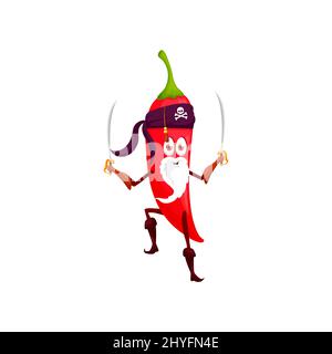 Red chili pepper veggie pirate buccaneer funny cartoon character in bandana with swords isolated. Vector playful corsair, bearded vegetable kids children emoji in boots and bandana, spicy food Stock Vector
