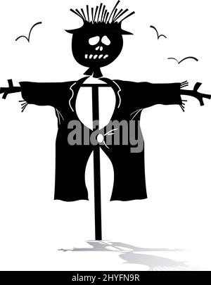 Funny scarecrow silhouette illustration.  Cartoon scarecrow and birds black on white background Stock Vector