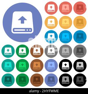 Upload from hard disk multi colored flat icons on round backgrounds. Included white, light and dark icon variations for hover and active status effect Stock Vector