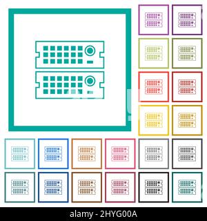 Rack servers outline flat color icons with quadrant frames on white background Stock Vector
