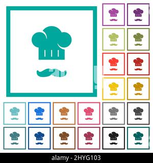 Chef hat and mustache flat color icons with quadrant frames on white background Stock Vector
