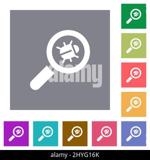 Bug tracking flat icons on simple color square backgrounds Stock Vector