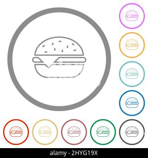 Single cheeseburger outline flat color icons in round outlines on white background Stock Vector