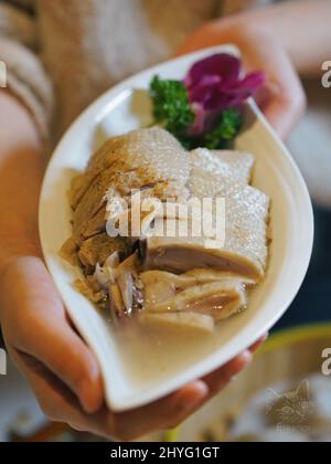 Close-up shot of adult hands holding traditional drunken chicken dish in a white ceramic plate Stock Photo